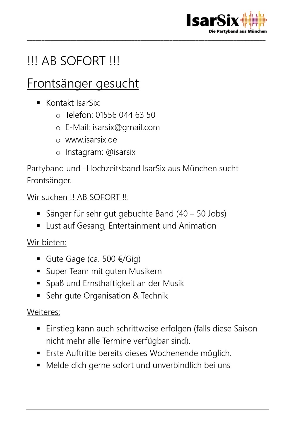 Kleinanzeige Sänger für Partyband gesucht DRINGEND ab sofort - Bild 1