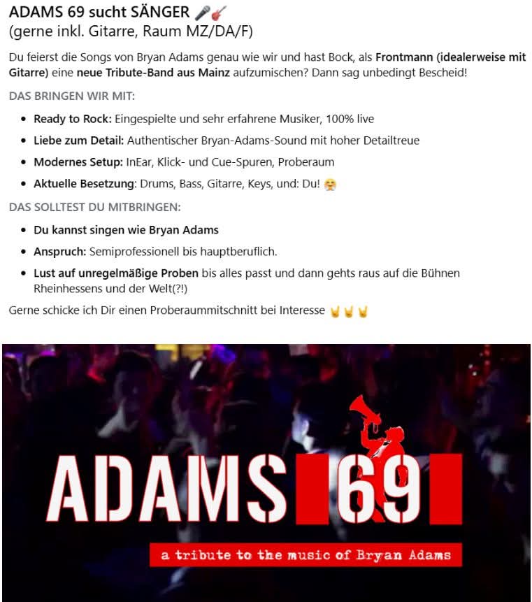 Kleinanzeige ADAMS 69 Tribute-Band sucht SÄNGER 🎤🎸 - Bild 1